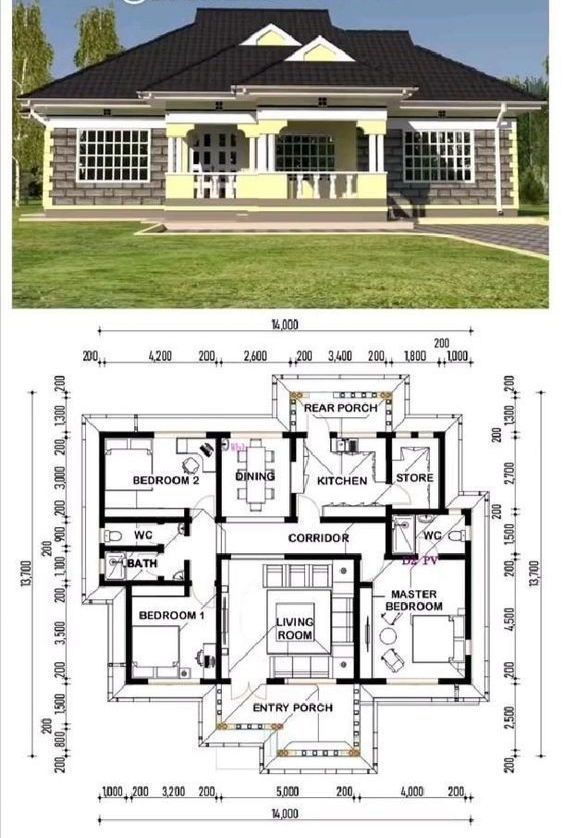 BRICKS WALLING 3 BEDROOM BUNGALOW HIPPED ROOF DESIGN 