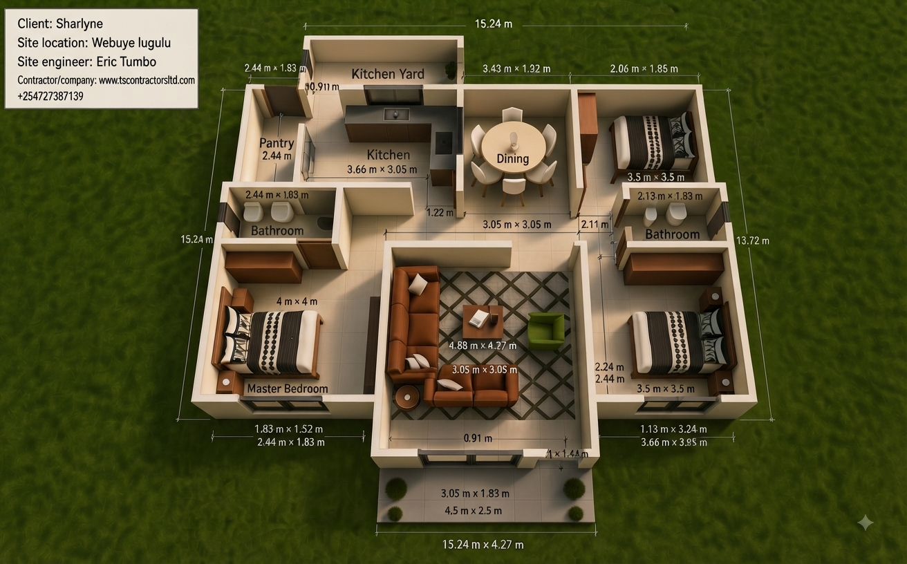 3 BEDROOM BUNGALOW HIPPED ROOF DESIGN LUGULU WEBUYE 