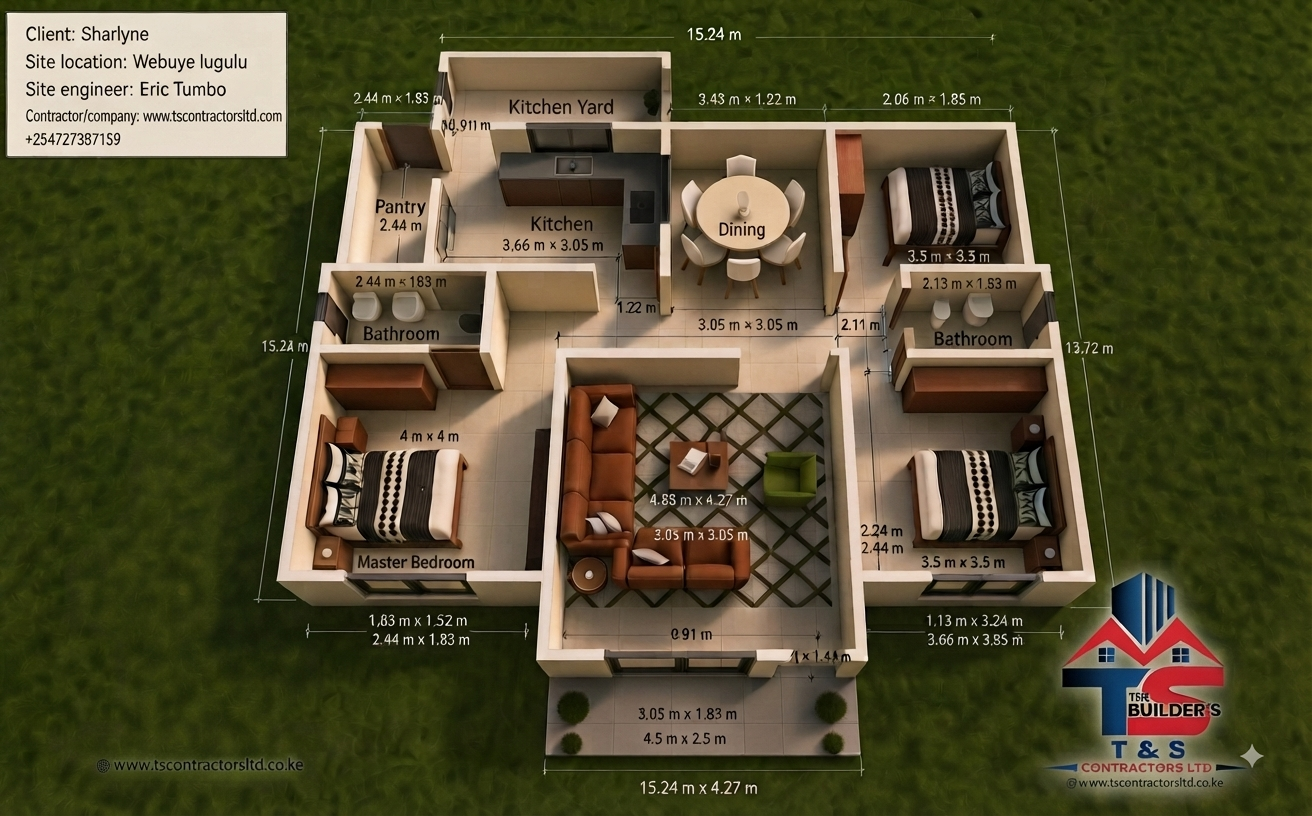 3 BEDROOM BUNGALOW HIPPED ROOF DESIGN LUGULU WEBUYE 