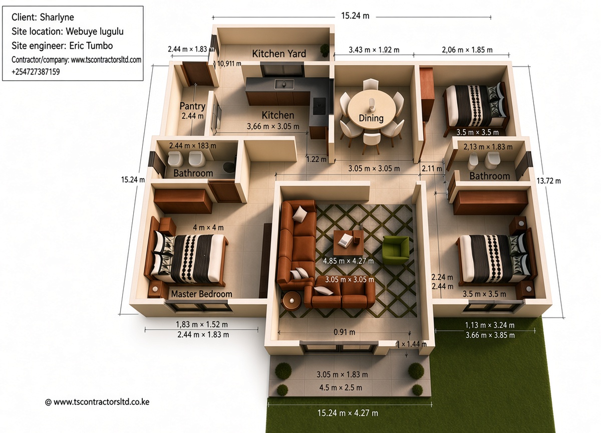 3 BEDROOM BUNGALOW HIPPED ROOF DESIGN LUGULU WEBUYE 